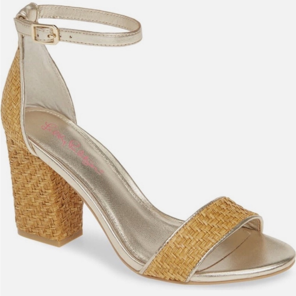 Lilly Pulitzer Amber Lynn Straw Sandal Heels Ankle Strap size 9.5